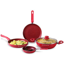 Load image into Gallery viewer, Royal Velvet Non-stick Cookware Set, 5Pc (Fry Pan with Lid, Wok, Dosa Tawa, Mini Fry Pan) Induction bottom, Soft-touch handles, Virgin Grade Aluminium, PFOA/Heavy Metals Free, 3 mm, 2 Years Warranty, Red