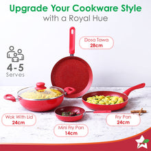 Load image into Gallery viewer, Royal Velvet Non-stick Cookware Set, 5Pc (Fry Pan with Lid, Wok, Dosa Tawa, Mini Fry Pan) Induction bottom, Soft-touch handles, Virgin Grade Aluminium, PFOA/Heavy Metals Free, 3 mm, 2 Years Warranty, Red