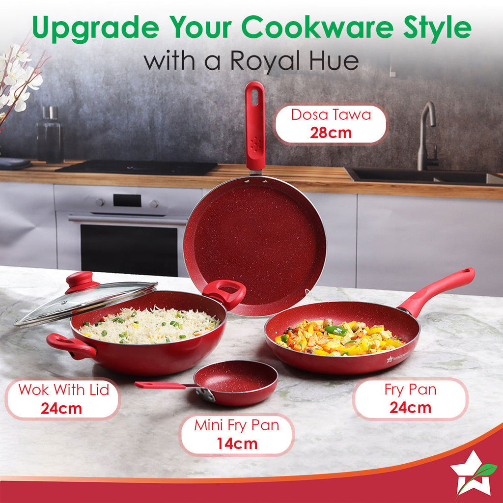 Royal Velvet Non-stick Cookware Set, 5Pc (Fry Pan with Lid, Wok, Dosa Tawa, Mini Fry Pan) Induction bottom, Soft-touch handles, Virgin Grade Aluminium, PFOA/Heavy Metals Free, 3 mm, 2 Years Warranty, Red