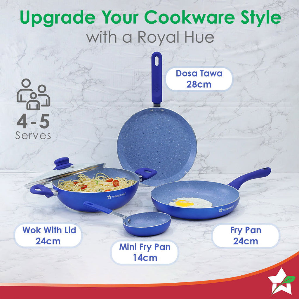 Royal Velvet Non-stick Cookware Set, 5Pc (Fry Pan with Lid, Wok, Dosa Tawa, Mini Fry Pan) Induction Bottom, Soft-touch Handles, Virgin Grade Aluminium, PFOA/Heavy Metals Free, 3mm, 2 Years Warranty, Blue