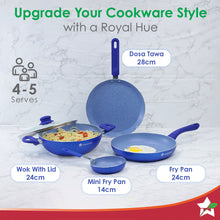 Load image into Gallery viewer, Royal Velvet Non-stick Cookware Set, 5Pc (Fry Pan with Lid, Wok, Dosa Tawa, Mini Fry Pan) Induction Bottom, Soft-touch Handles, Virgin Grade Aluminium, PFOA/Heavy Metals Free, 3mm, 2 Years Warranty, Blue