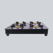 Load image into Gallery viewer, Ruby  4 Burner Glass Cooktop, Black Toughened Glass with 1 Year Warranty, Ergonomic Knobs,  Heat-Efficient Brass Burners, Stainless-steel Spill Tray, Manual Ignition