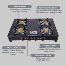 Load image into Gallery viewer, Ruby  4 Burner Glass Cooktop, Black Toughened Glass with 1 Year Warranty, Ergonomic Knobs,  Heat-Efficient Brass Burners, Stainless-steel Spill Tray, Manual Ignition