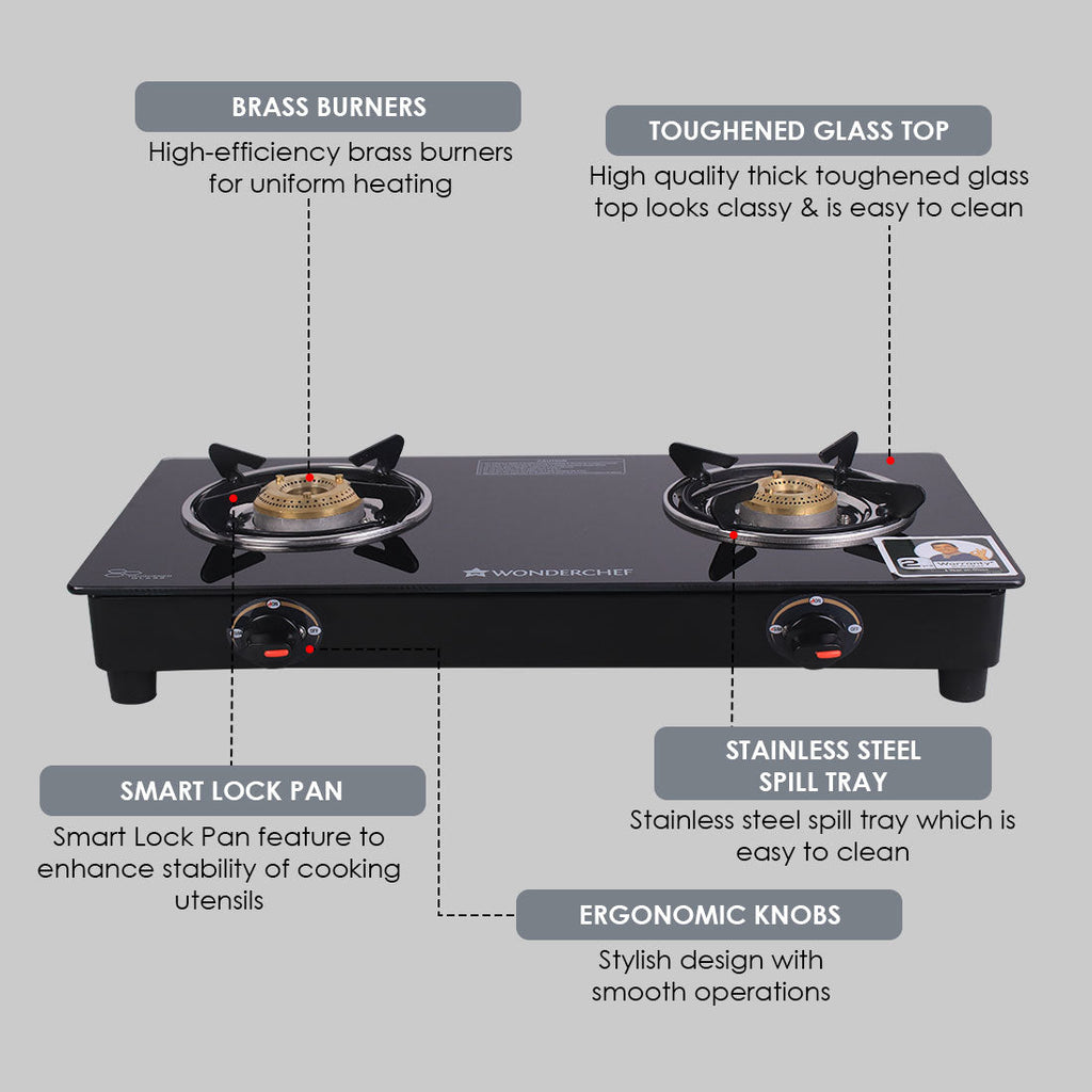 Ruby 2 Burner Glass Cooktop, Black Toughened Glass with 1 Year Warranty, Ergonomic Knobs, Heat-Efficient Brass Burners, Stainless-steel Spill Tray, Manual Ignition