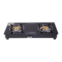 Load image into Gallery viewer, Ruby 2 Burner Glass Cooktop, Black Toughened Glass with 1 Year Warranty, Ergonomic Knobs, Heat-Efficient Brass Burners, Stainless-steel Spill Tray, Manual Ignition