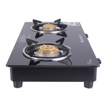 Load image into Gallery viewer, Ruby 2 Burner Glass Cooktop, Black Toughened Glass with 1 Year Warranty, Ergonomic Knobs, Heat-Efficient Brass Burners, Stainless-steel Spill Tray, Manual Ignition