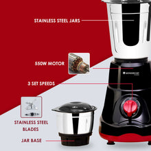 Load image into Gallery viewer, Wonderchef Renewed Ruby Mixer Grinder With 3 Stainless Steel Jars | 550W | Anti-Rust Blades | Ergonomic Handles