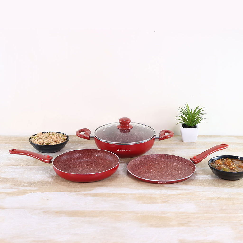 Ruby Plus Cookware Set, 4pc (Dosa Tawa, Fry Pan, Kadhai with Lid), Induction Friendly, Virgin Aluminum,  PFOA/Heavy metal free, 2 Years Warranty,  Dark Red