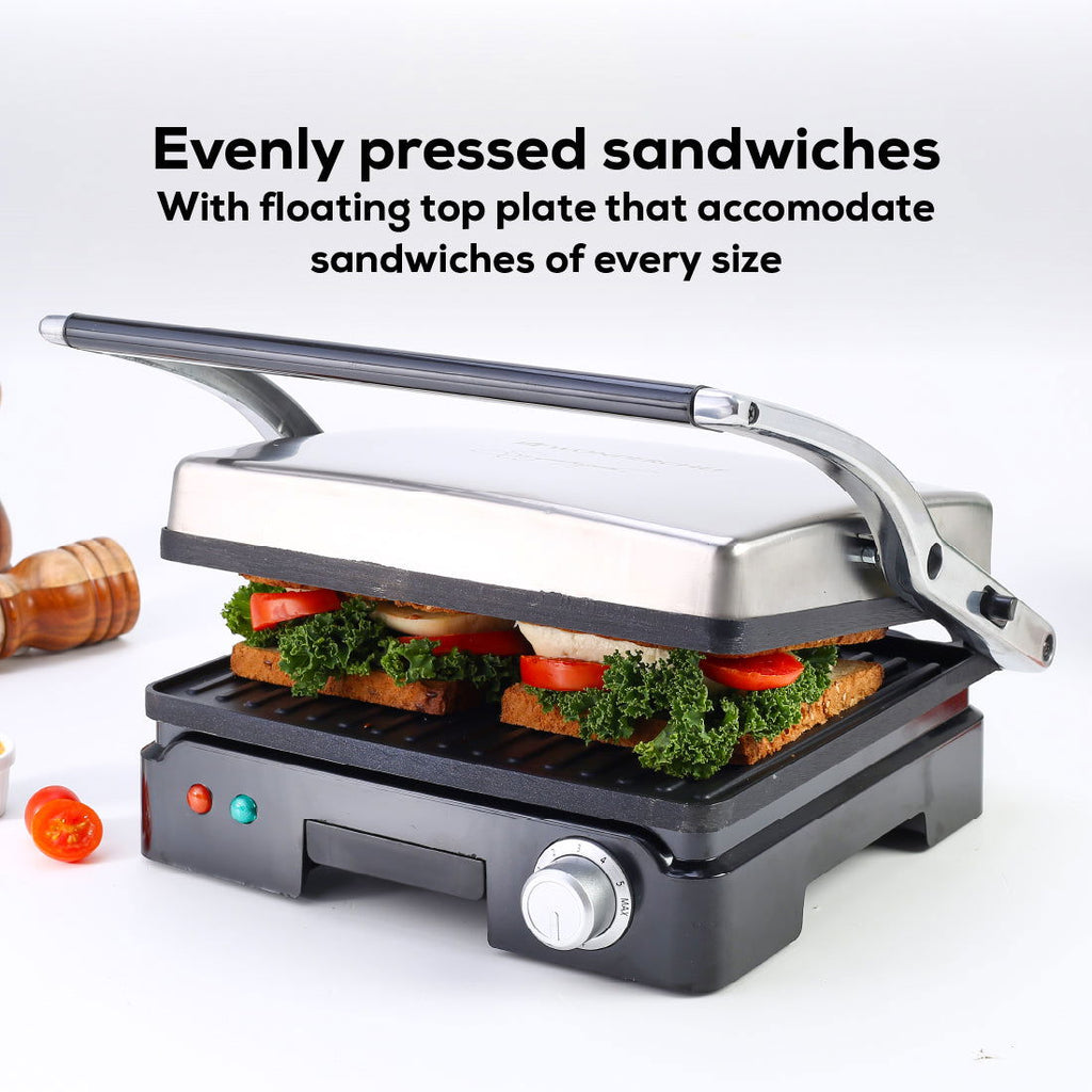 Sanjeev Kapoor Tandoor Family Size Plus| Electric Contact Grill & Sandwich Maker| 1800 Watt| Non-stick Grooves Healthy cooking | Super fast heating | 2 Year Warranty| Black & Silver