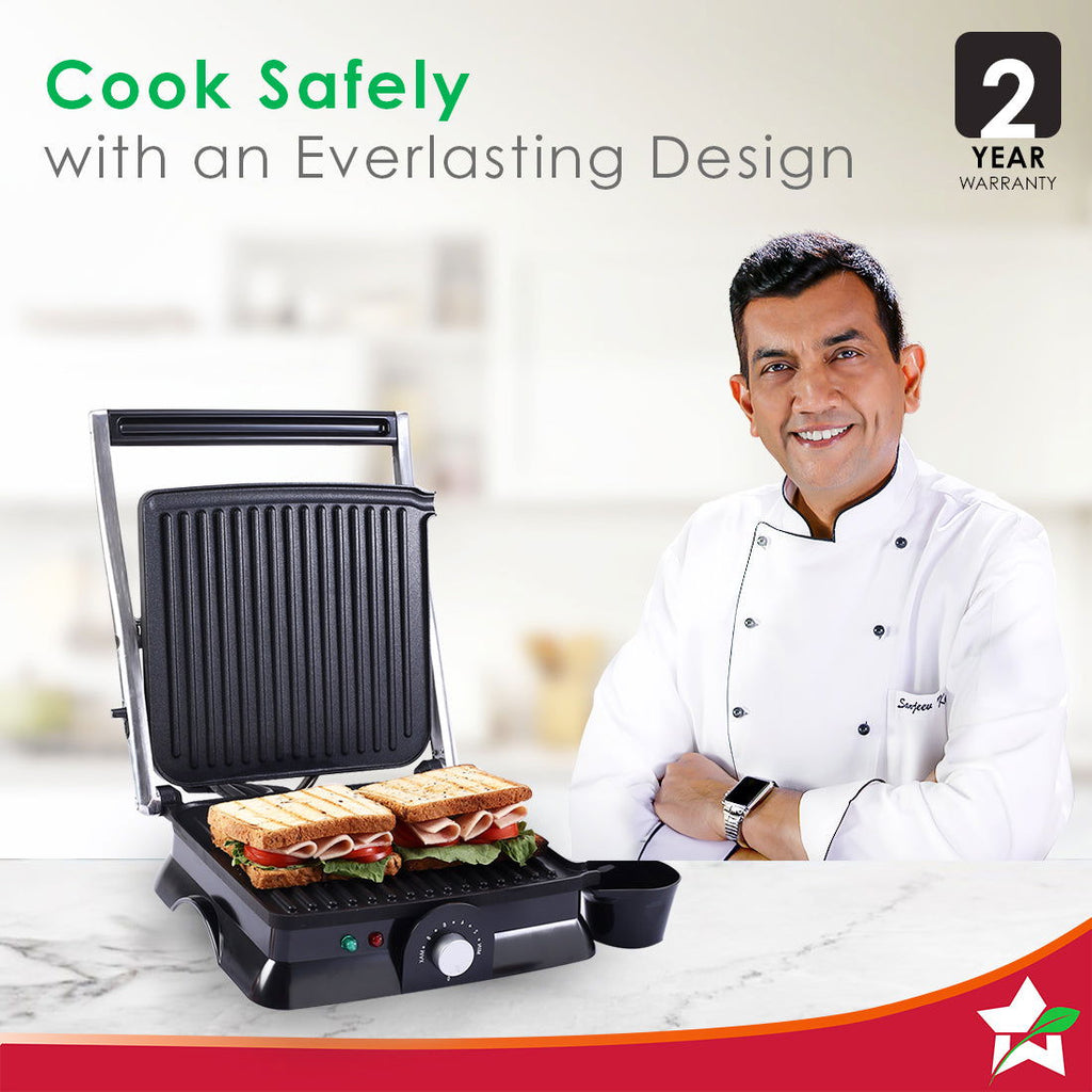 Sanjeev Kapoor Tandoor Family Size| Electric Contact Grill & Sandwich Maker| 3-in-1 Appliance|1600 Watt|180 Degree Grilling|Cool Touch Handle|Auto Shut Off|2 Year Warranty| Black & Silver