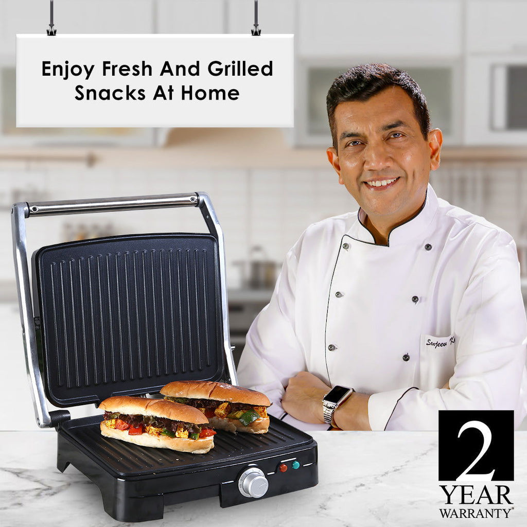 Sanjeev Kapoor Tandoor Professional Plus | Electric Contact Grill & Sandwich Maker| Thermostat Control | Auto Shut Off| LED Indicator| 2 Year Warranty | Black & Silver