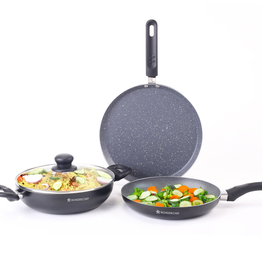 Sienna Non-stick Cookware 4 Pc Set | Dosa Tawa, Fry Pan, Kadhai for Cutlets, Curries, Dosas | PFOA Free | Virgin Aluminium | Energy Efficient | Stylish Granite Finish | 2-year Warranty