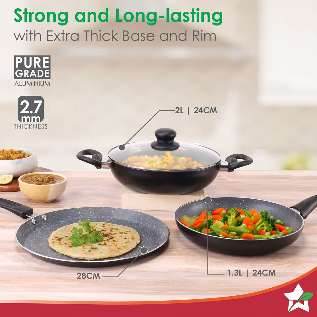 Sienna Non-stick Cookware 4 Pc Set | Dosa Tawa, Fry Pan, Kadhai for Cutlets, Curries, Dosas | PFOA Free | Virgin Aluminium | Energy Efficient | Stylish Granite Finish | 2-year Warranty