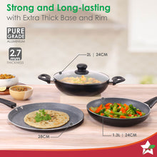 Load image into Gallery viewer, Sienna Non-stick Cookware 4 Pc Set | Dosa Tawa, Fry Pan, Kadhai for Cutlets, Curries, Dosas | PFOA Free | Virgin Aluminium | Energy Efficient | Stylish Granite Finish | 2-year Warranty