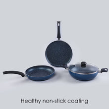 Load image into Gallery viewer, Sigma Non-stick Cookware Set, 4Pc (Kadhai with Lid, Dosa Tawa, Fry Pan), Induction Bottom, Cool Touch Bakelite Handles, Virgin Aluminium, PFOA Free, 2 Years Warranty, Midnight Blue