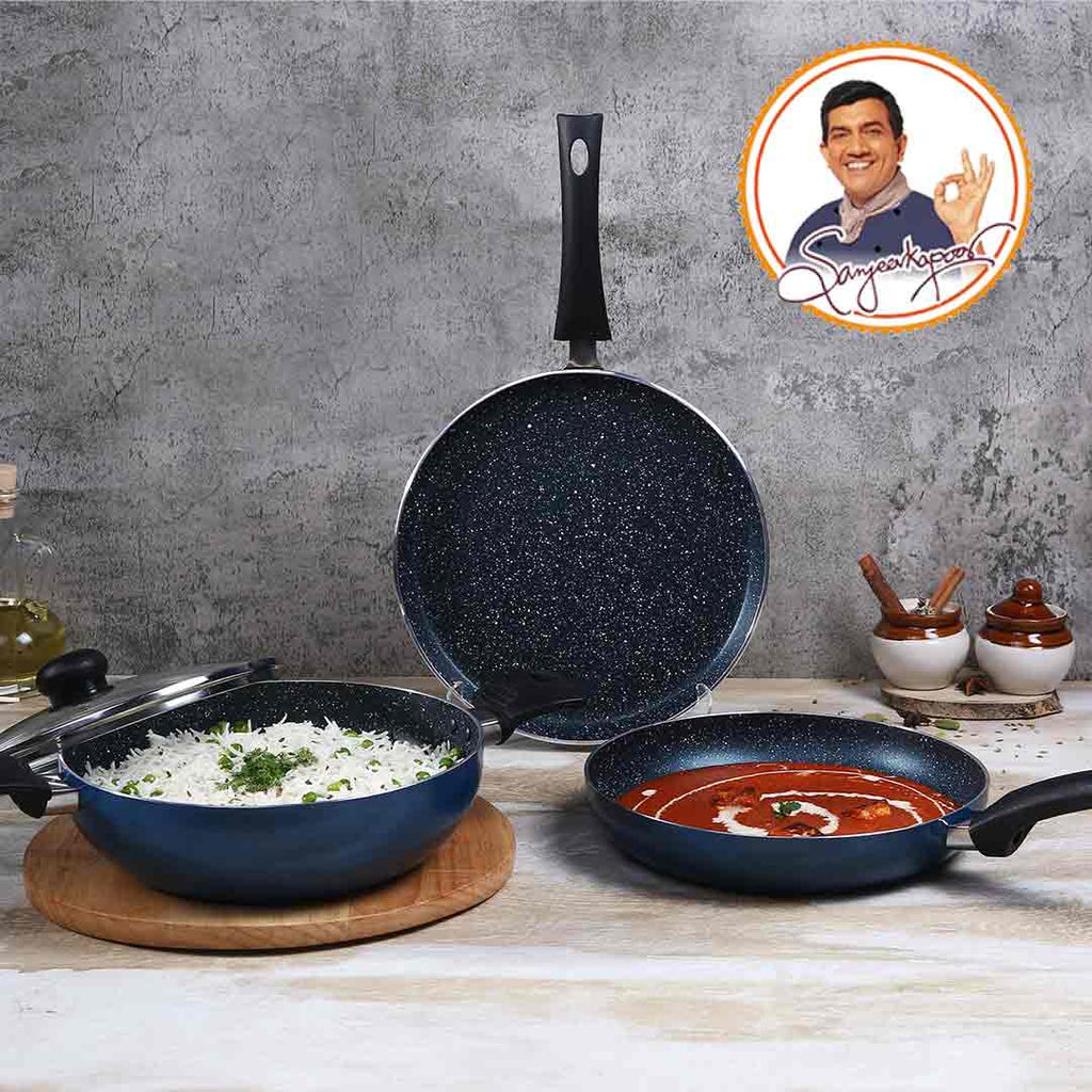 Sigma Non-stick Cookware Set, 4Pc (Kadhai with Lid, Dosa Tawa, Fry Pan), Induction Bottom, Cool Touch Bakelite Handles, Virgin Aluminium, PFOA Free, 2 Years Warranty, Midnight Blue