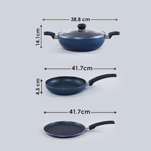 Load image into Gallery viewer, Sigma Non-stick Cookware Set, 4Pc (Kadhai with Lid, Dosa Tawa, Fry Pan), Induction Bottom, Cool Touch Bakelite Handles, Virgin Aluminium, PFOA Free, 2 Years Warranty, Midnight Blue