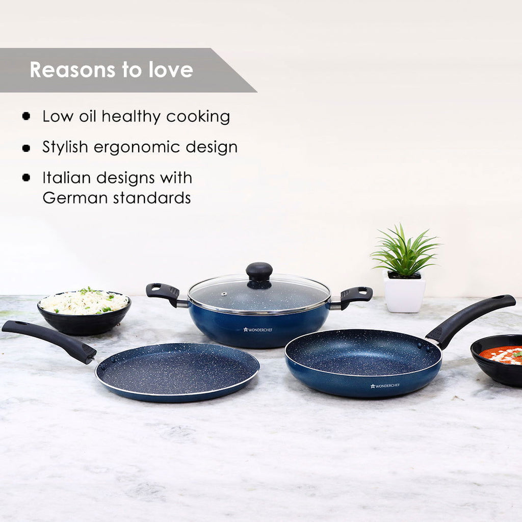 Sigma Non-stick Cookware Set, 4Pc (Kadhai with Lid, Dosa Tawa, Fry Pan), Induction Bottom, Cool Touch Bakelite Handles, Virgin Aluminium, PFOA Free, 2 Years Warranty, Midnight Blue