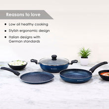 Load image into Gallery viewer, Sigma Non-stick Cookware Set, 4Pc (Kadhai with Lid, Dosa Tawa, Fry Pan), Induction Bottom, Cool Touch Bakelite Handles, Virgin Aluminium, PFOA Free, 2 Years Warranty, Midnight Blue