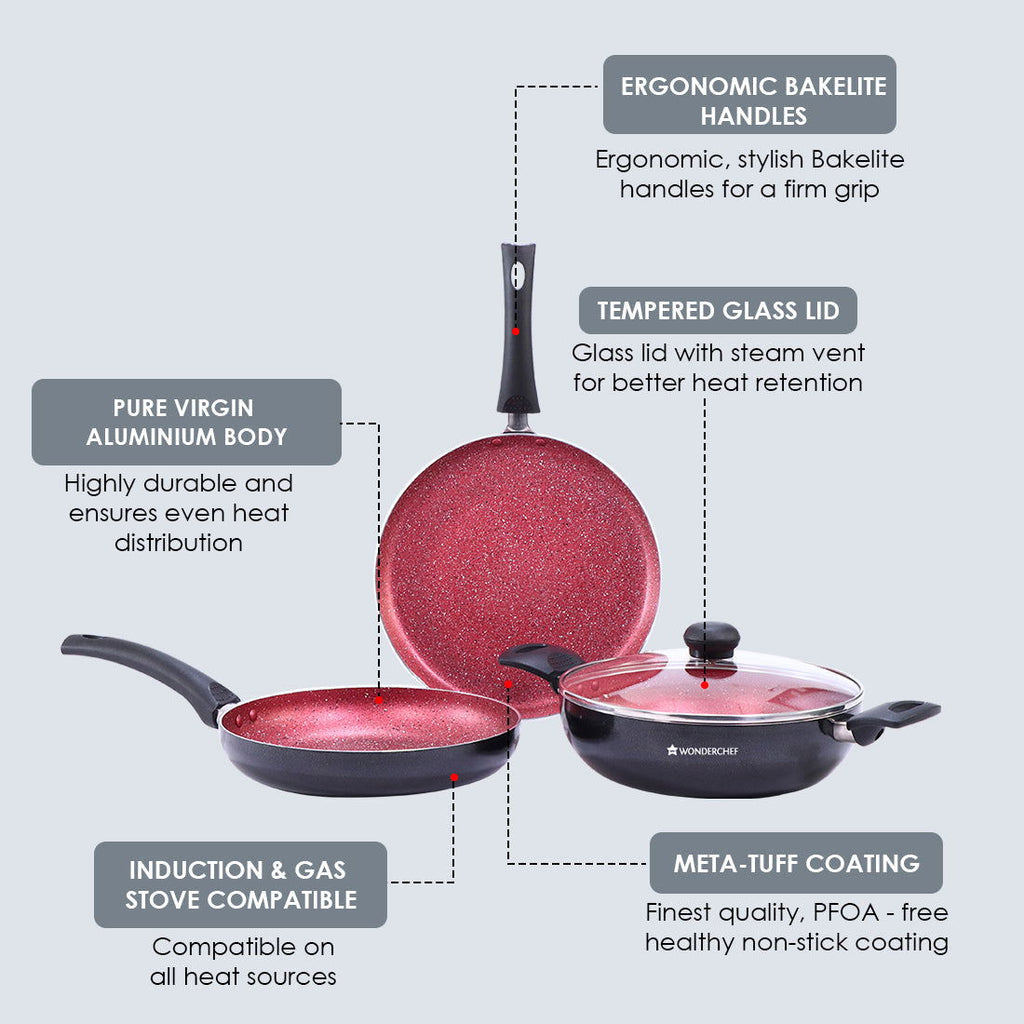 Sigma Non-stick Cookware Set, 4Pc (Kadhai with Lid, Dosa Tawa, Fry Pan), Induction Bottom, Cool Touch Bakelite Handles, Virgin Aluminium, PFOA Free, 2 Years Warranty, Red and Black