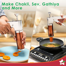 Load image into Gallery viewer, Snacks Maker with 12 different jalis, High-grade Stainless Stell Plates for making Sev, Bhujiya, Papdi, Gathiya, Murukku, Chakli, Kitchen Tool for making Namkeen Snacks, Farsan Maker