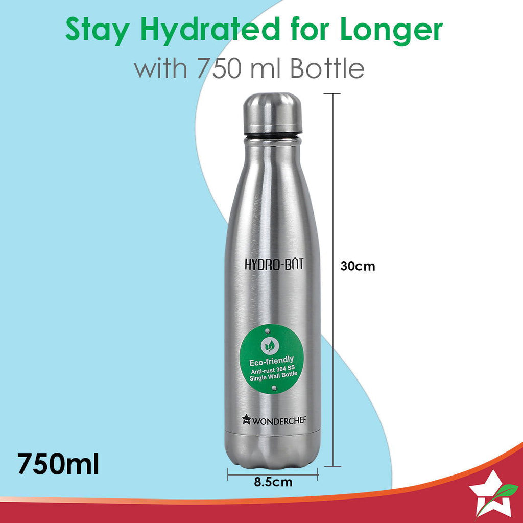 Stainless Steel Hydro Bot 750 ml | Gift Box Packing | Single wall | Non-insulated | 304 Stainless Steel | Non Toxic IBPA free | Rust Free | Light weight | For Home , Office and Travel | Spill and Leak proof | Wide Mouth | Easy to Clean | 2 Years Warranty