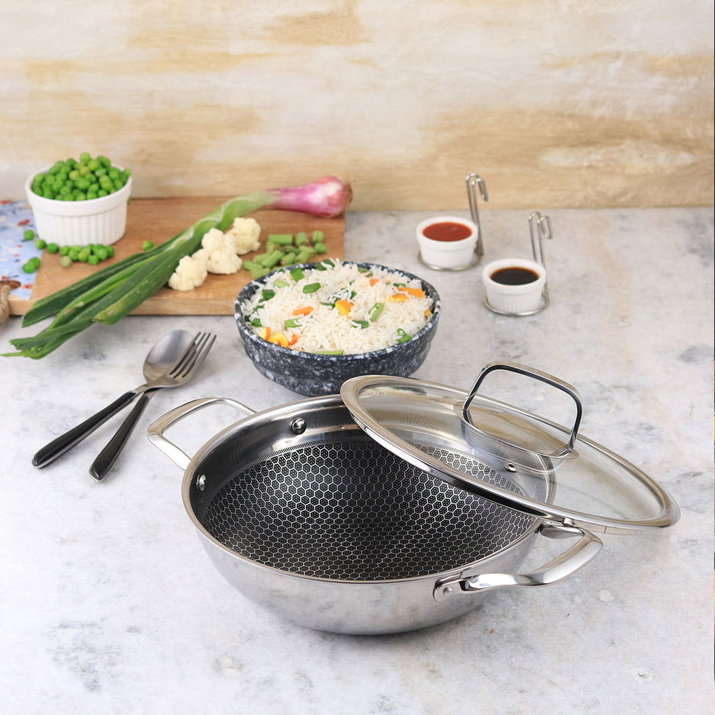 Stanton 24 cm Non-stick Kadhai/Kadai with Lid - 2 Litre | 3 ply steel