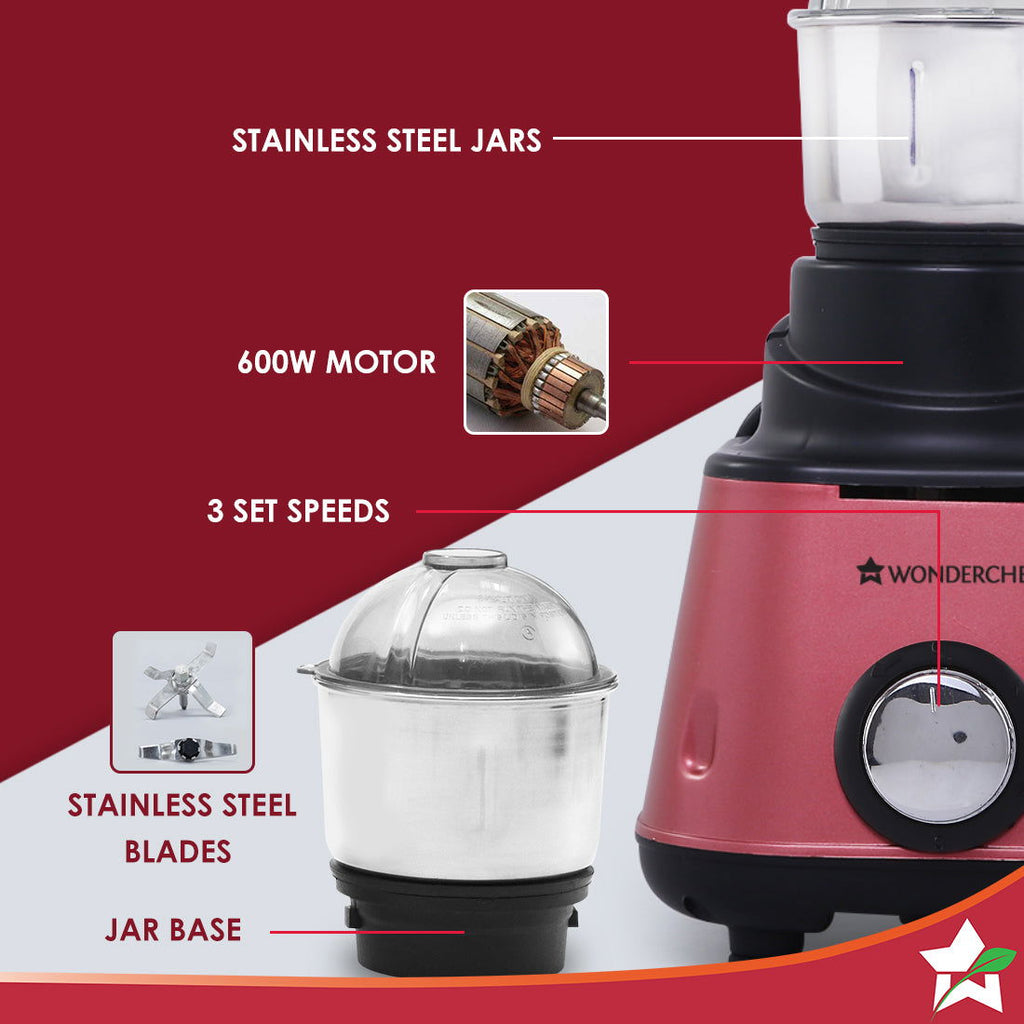 Wonderchef Renewed Sumo Mixer Grinder With 3 Stainless Steel Jars | 600W | Anti-Rust Blades | Ergonomic Handles