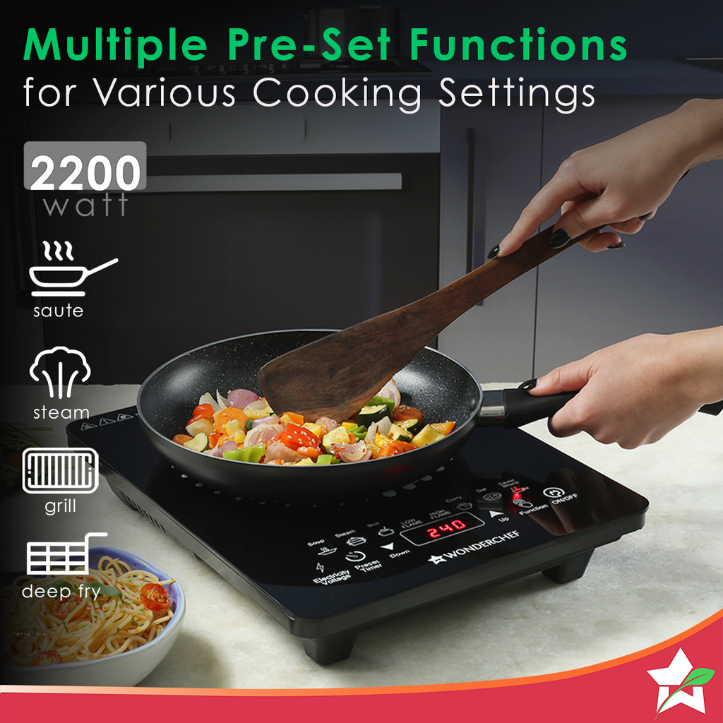 Swift Induction Cooktop with 8 Power Settings|2200 Watt Induction Cooktop| Pre-set Menus for Soups, Curries, Dals, Saute Masala|Crystal Glass Top Surface| LCD Digital Panel | Smart Touch Buttons|Compact & Portable Induction Cooktop| 1 Year Warranty