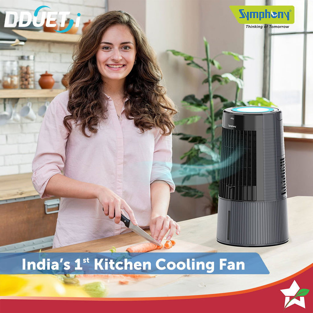 Symphony Duet-i | Kitchen Cooling Fan | Touchscreen Control | Honeycomb Cooling Pad | Low Noise Fan | Water level Indicator | Moodlight and Ice-water Chamber | Black