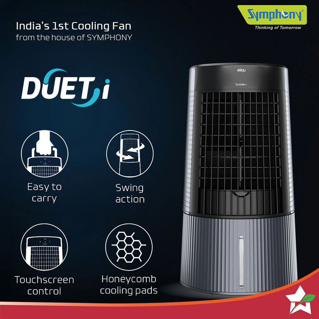 Symphony Duet-i | Kitchen Cooling Fan | Touchscreen Control | Honeycomb Cooling Pad | Low Noise Fan | Water level Indicator | Moodlight and Ice-water Chamber | Black