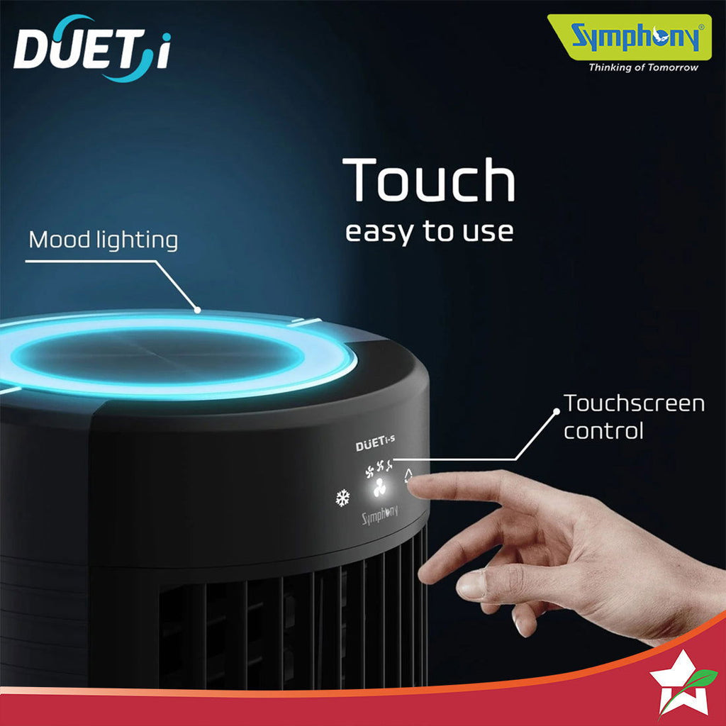 Symphony Duet-i | Kitchen Cooling Fan | Touchscreen Control | Honeycomb Cooling Pad | Low Noise Fan | Water level Indicator | Moodlight and Ice-water Chamber | Black