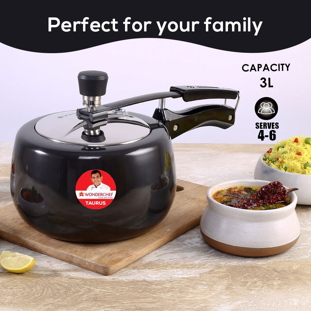 Wonderchef Renewed Taurus Hard Anodized 3L Inner Lid Pressure Cooker | SS Lid | Soft Touch Handles | Induction Friendly | ISI Certified | 1 Year Warranty