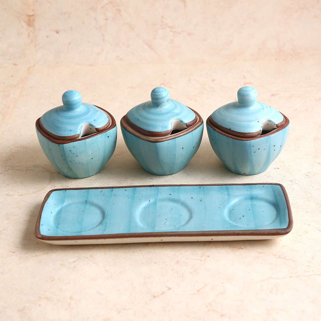 Teramo Stoneware 3pcs Pickle Set with Lid & Tray - Blue