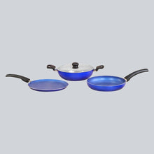 Load image into Gallery viewer, Trendy Nonstick Set,  4Pc (Kadhai With Stainless Steel Lid, Frying Pan, Dosa Tawa), Cool Touch Handles, Pure Grade Aluminium, PFOA Free, 2 Years Warranty, Blue