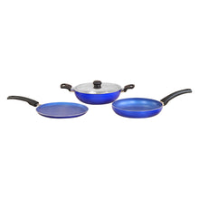 Load image into Gallery viewer, Trendy Nonstick Set,  4Pc (Kadhai With Stainless Steel Lid, Frying Pan, Dosa Tawa), Cool Touch Handles, Pure Grade Aluminium, PFOA Free, 2 Years Warranty, Blue