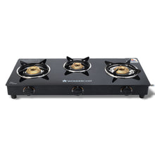 Load image into Gallery viewer, Ultima 3 Burner Manual Glass Cooktop | 6mm Toughened Glass Cooktop | Stainless Steel Drip tray | Anti-Skid Legs | Large Pan support | Manual Ignition | 360 degree Revolving Nozzle | Black steel frame | 2 Year Warranty | Black