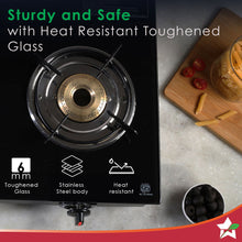 Load image into Gallery viewer, Ultima 3 Burner Manual Glass Cooktop | 6mm Toughened Glass Cooktop | Stainless Steel Drip tray | Anti-Skid Legs | Large Pan support | Manual Ignition | 360 degree Revolving Nozzle | Black steel frame | 2 Year Warranty | Black