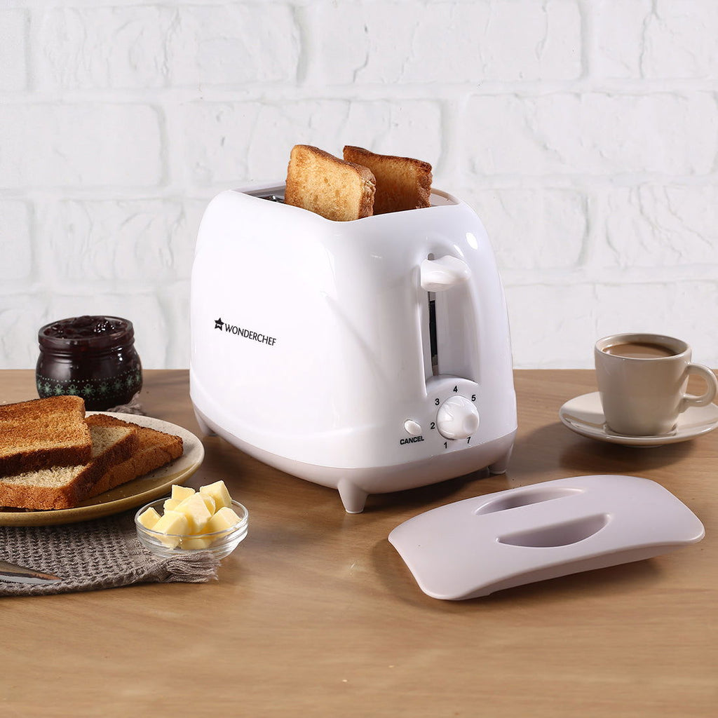 Ultima Pop-up Toaster with Lid Cover|700 Watt| 2 Bread Slice Automatic Pop-up Electric Toaster for Kitchen| 7- Level Browning Controls|Wide Bread Slots| Auto Shut Off|Mid Cycle Cancel Feature| Removable Crumb Tray| Easy to Clean| White| 2 Year Warranty