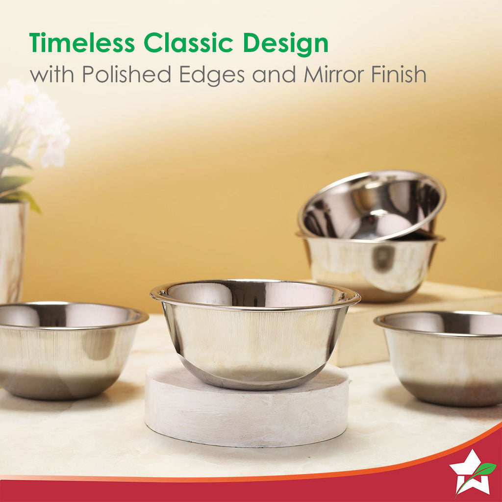 Venice Stainless Steel Bowl Set of 6 | Classic Design and Gloss Finish | 100% Food-grade Stainless Steel | Non-corrosive, Sturdy, Unbreakable | Serve vegetables, fruits, curd, dal, desserts