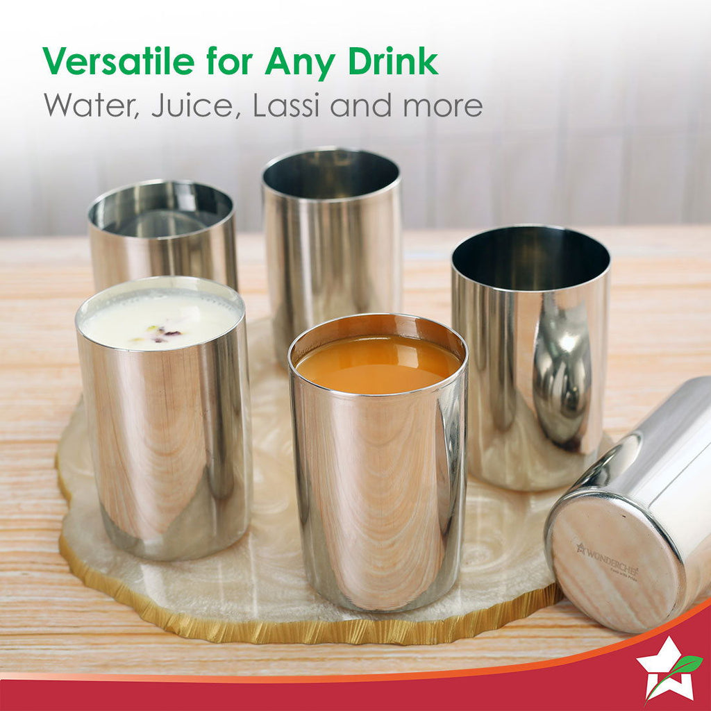 Venice Stainless Steel Glass Set of 6 | Classic Design and Gloss Finish | 100% Food-grade Stainless Steel | Non-corrosive, Sturdy and Unbreakable | Wide Neck and Rim | Easy to Clean