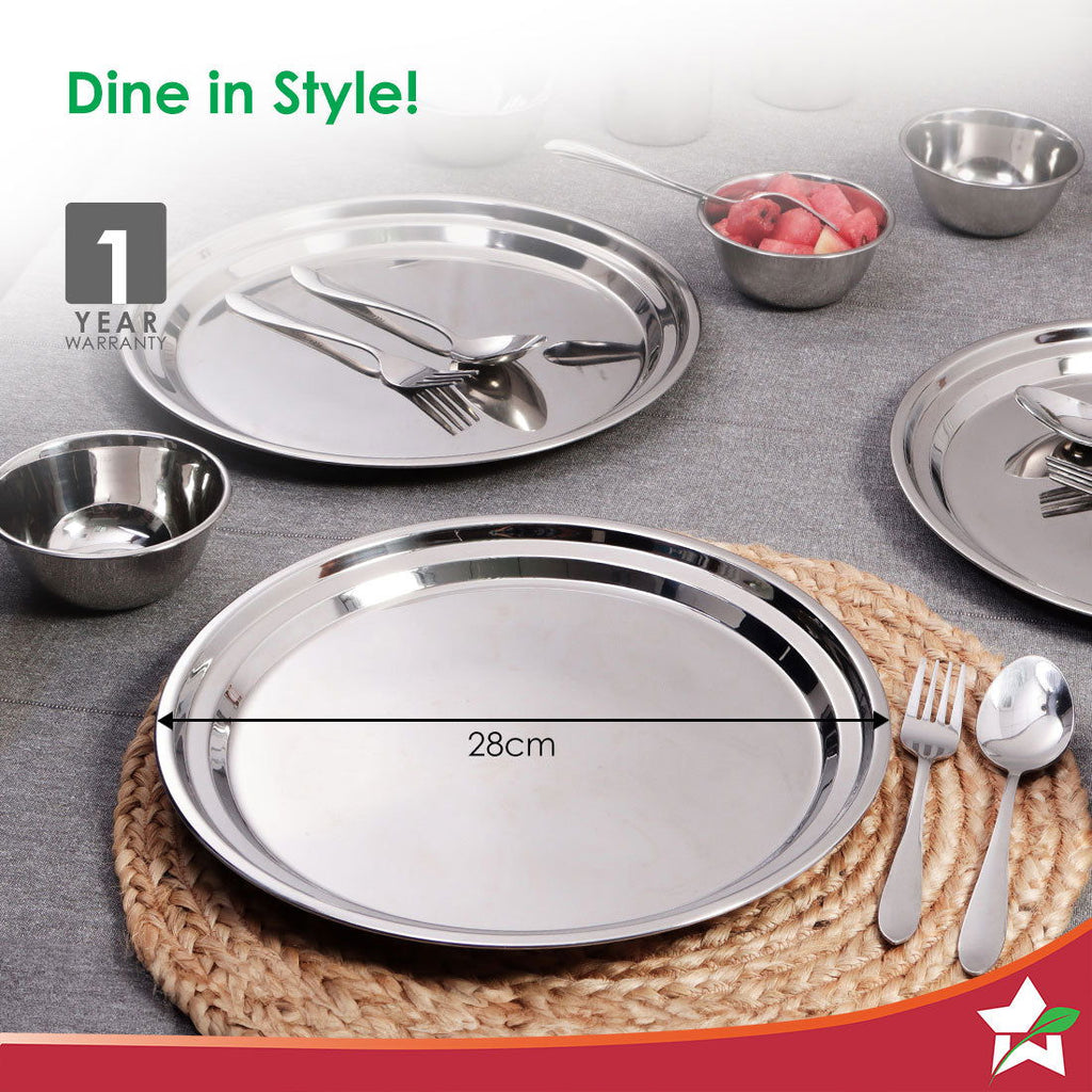 Venice Stainless Steel Plate Set of 6 | Classic Design and Gloss Finish | Stackable | 100% Food-grade Stainless Steel | Non-corrosive, Sturdy, Unbreakable