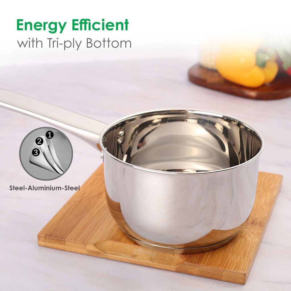 Venice Stainless Steel Saucepan | 1.2Litre | Tri-ply Bottom | Thick Base | Anti-bacterial and Non-porous Steel | Ideal for boiling milk, and water or to make tea and coffee