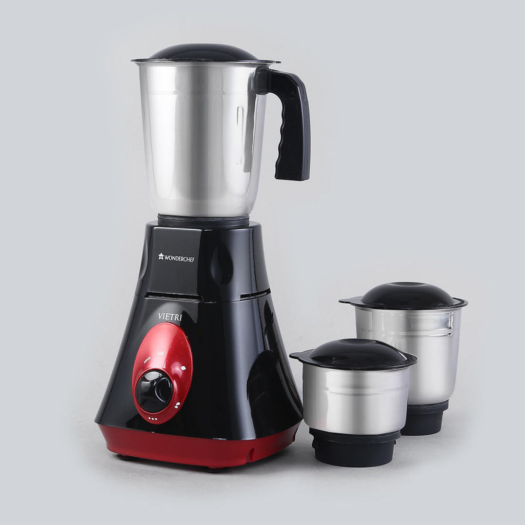 Vietri Mixer Grinder, 550W with 3 Anti-rust Stainless Steel Jars and Blades, 3-speed Knob, Anti-skid Feet, 5 Years Warranty on Copper Armature Motor, Black & Red