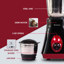 Load image into Gallery viewer, Vietri Mixer Grinder, 550W with 3 Anti-rust Stainless Steel Jars and Blades, 3-speed Knob, Anti-skid Feet, 5 Years Warranty on Copper Armature Motor, Black &amp; Red