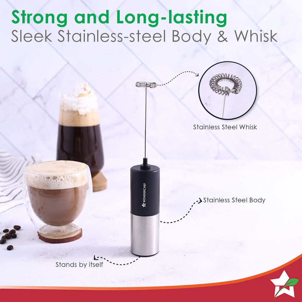 Wonderchef Regalia Milk Frother | Rich and Creamy Froth in Seconds | Stainless Steel Body & Whisk | AA Battery Operated | Blend Lassi, Cold Coffee, Gym Shakes, Whipped Cream | Easy to Clean | Black