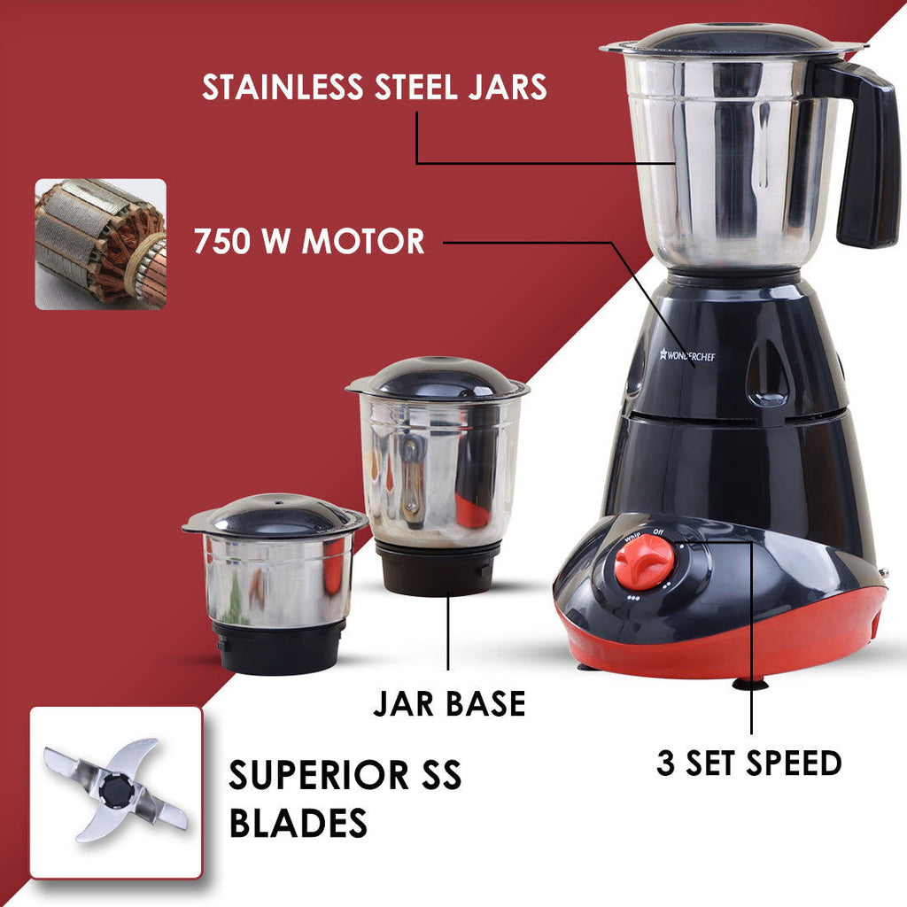 Wonderchef Renewed Capri Mixer Grinder 750W, 3 Stainless Steel Jars, Black & Red, 1 Year Warranty