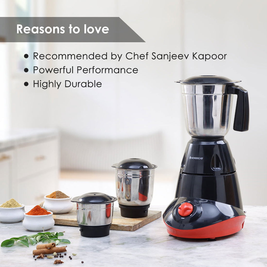 Wonderchef Renewed Capri Mixer Grinder 750W, 3 Stainless Steel Jars, Black & Red, 1 Year Warranty