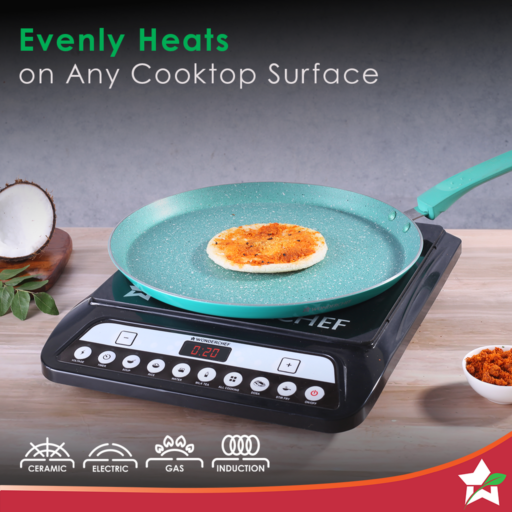 Wonderchef Renewed Celebration Non-stick 28cm Dosa Tawa | Induction Friendly | Soft Touch Handle | Pure Grade Aluminium | 2.2mm | PFOA/Heavy Metals Free