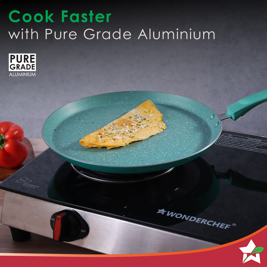 Wonderchef Renewed Celebration Non-stick 28cm Dosa Tawa | Induction Friendly | Soft Touch Handle | Pure Grade Aluminium | 2.2mm | PFOA/Heavy Metals Free